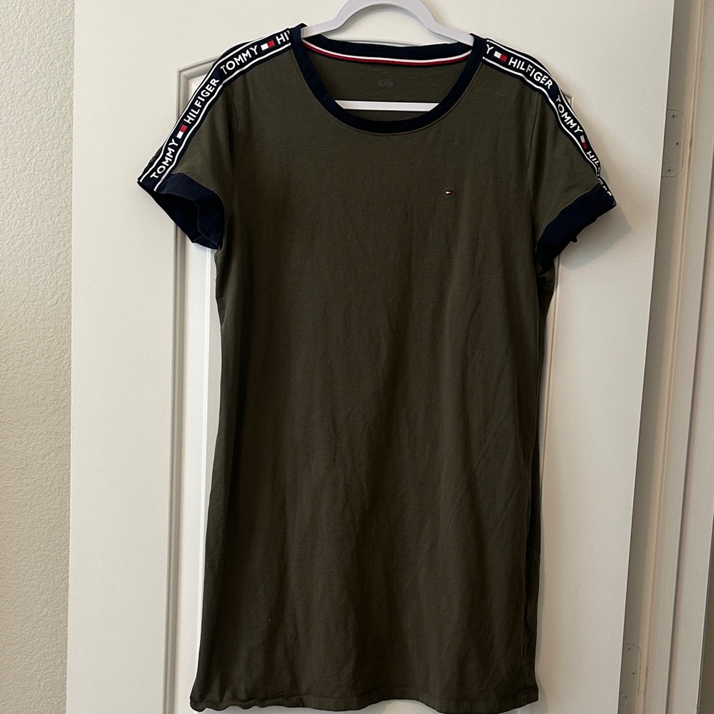 Tommy Hilfiger Olive Green Tee Dress with Navy Trim